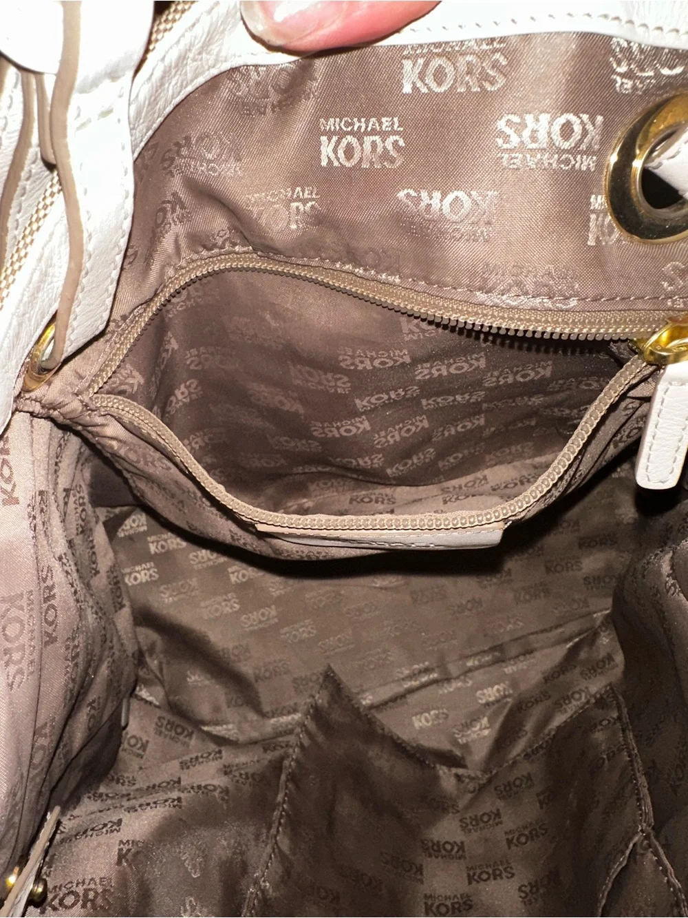 Authentic Michael Kors beige MK Signature Tote with Logo Charm